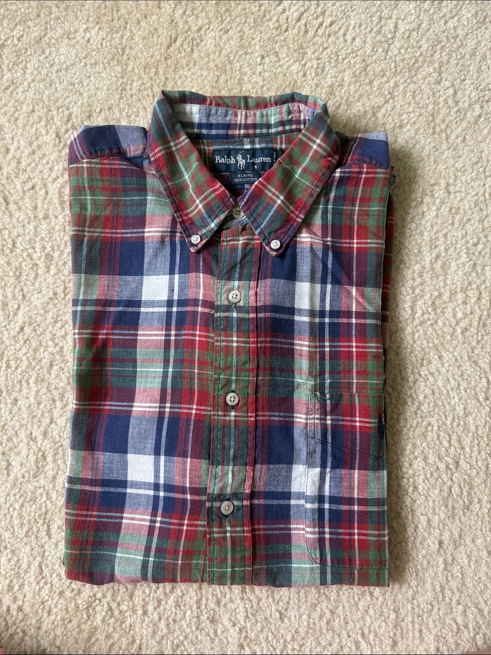 Ralph Lauren!!! Red, Navy & Green Plaid Button-Down Shirt size XL 100% cotton